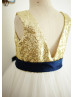 Gold Sequin Ivory Tulle Deep V Back Knee Length Flower Girl Dress 